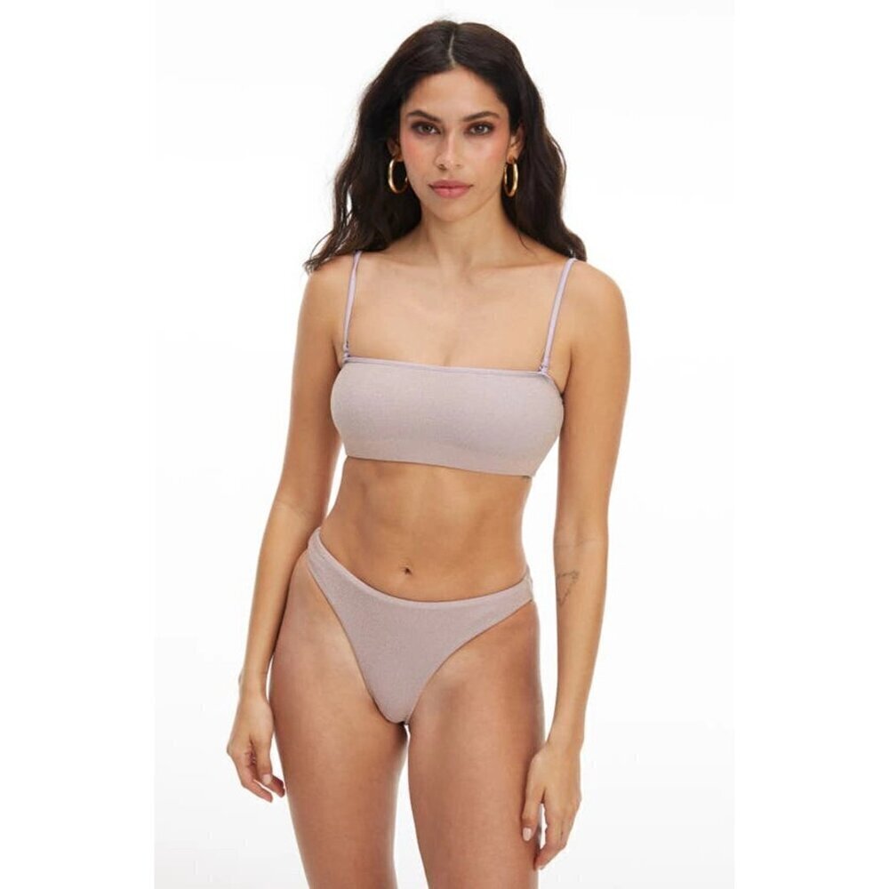 Good American sparkle bandeau bikini top in lilac size XL